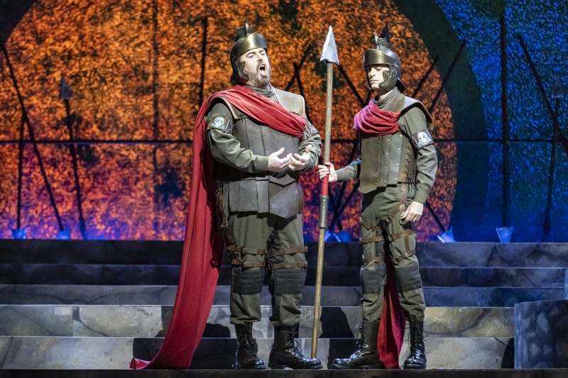 Jonathan Burton as Pollione confides in his friend Flavio sung by Omar Najmi that he no longer loves Norma but instead loves Adalgisa in Boston Lyric Opera's 2020 production of Norma