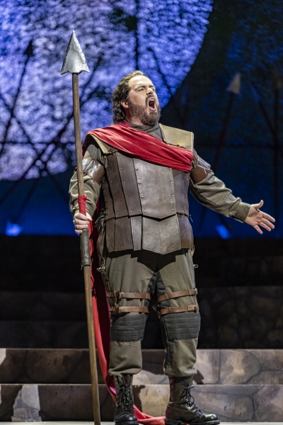 Jonathan Burton as Pollione declares his love for Adalgisa in Boston Lyric Opera's 2020 production of Norma