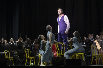 Javier Arrey as Alfio with dancers Victoria L. Awkward, Michayla Kelly, and Marissa Molinar