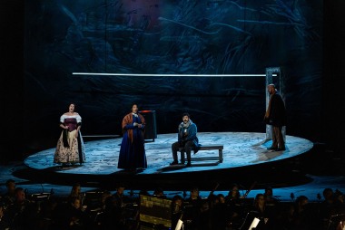 L-r: Musetta (CHelsea Basler), Mimi (Lauren Michelle), Rodolfo (Jesus Garcia) and Marcello (Edward Parks) in the artists' garret in BLO's La boheme