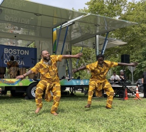 The Akwaaba ensemble performs at Madison Park in Roxbury.