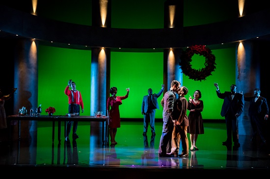 Andres Acosta as Timothy Laughlin and Hadleigh Adams as Hawkins Fuller kiss in the Christmas scene. Photo by Dan Norman