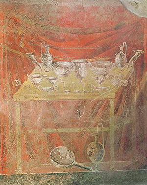Wall painting of a table laden with paired silver vessels from the tomb of Gaius Vestorius Priscus at Pompeii