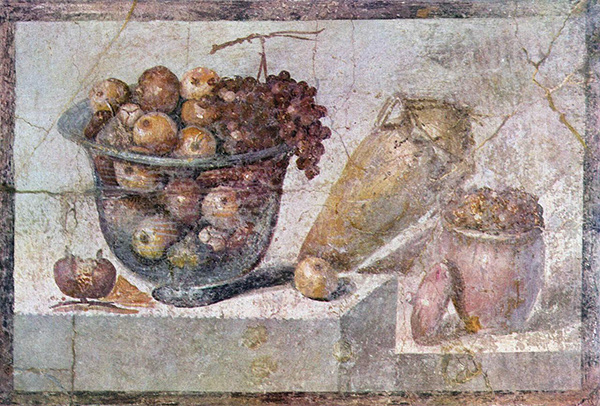 Wall painting from Pompeii (around A.D. 70) depicting autumn produce, grapes, apples, and pomegranates overflowing a large glass bowl, next to a tilting amphora and a terracotta pot of preserved fruit