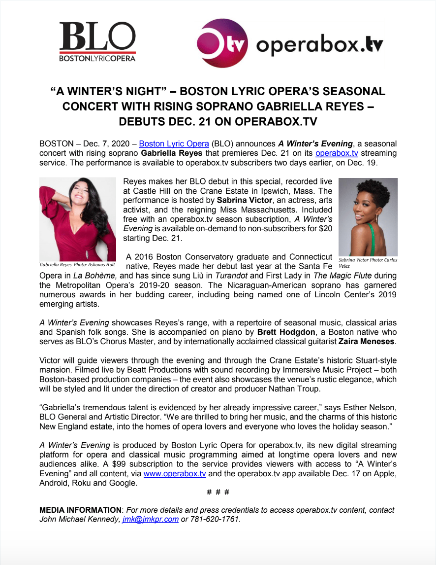 “A WINTER’S NIGHT” – BOSTON LYRIC OPERA’S SEASONAL CONCERT WITH RISING SOPRANO GABRIELLA REYES – DEBUTS DEC. 21 ON OPERABOX.TV