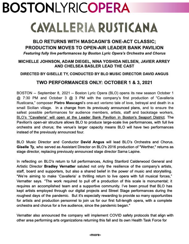 BLO Press: 09/08/2021: CAVALLERIA RUSTICANA: BLO RETURNS WITH MASCAGNI’S ONE-ACT CLASSIC; PRODUCTION MOVES TO OPEN-AIR LEADER BANK PAVILION