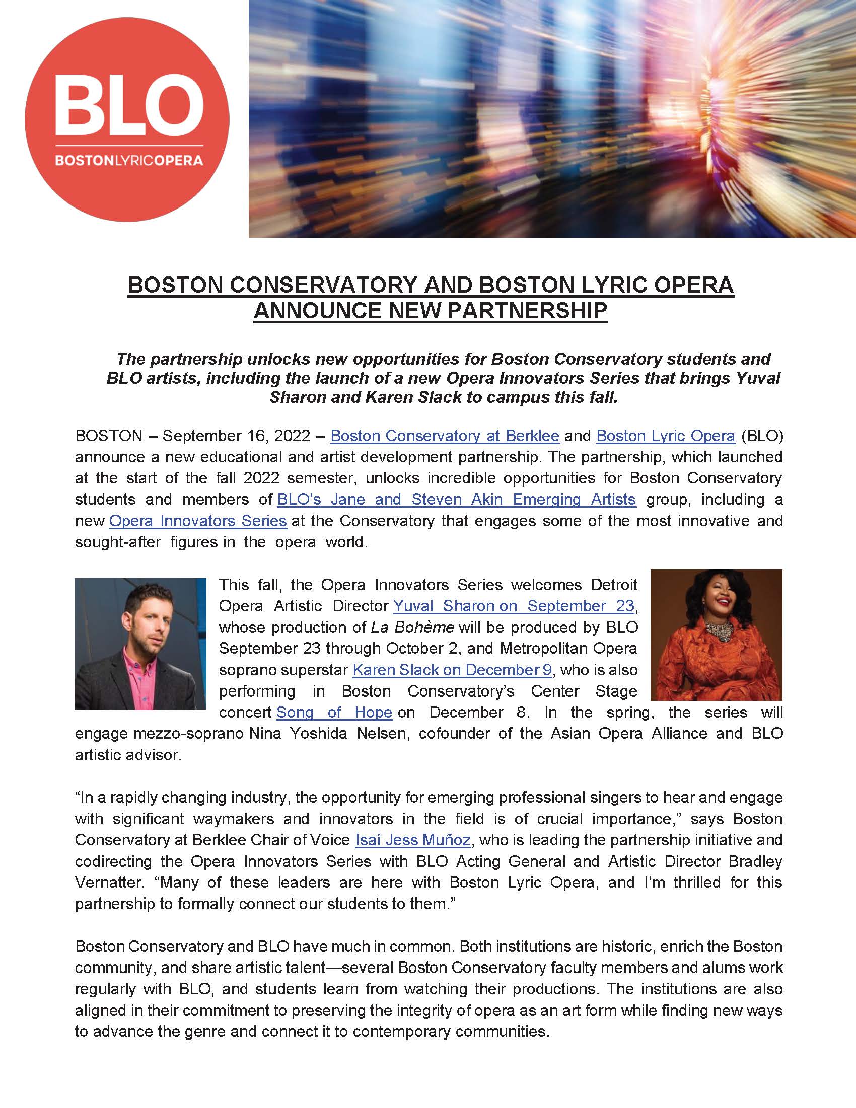 BOSTON CONSERVATORY AND BOSTON LYRIC OPERA ANNOUNCE NEW PARTNERSHIP