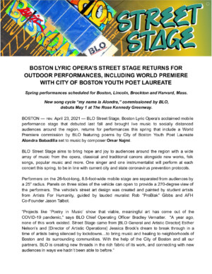 BOSTON LYRIC OPERA’S STREET STAGE RETURNS FOR OUTDOOR PERFORMANCES, INCLUDING WORLD PREMIERE WITH CITY OF BOSTON YOUTH POET LAUREATE