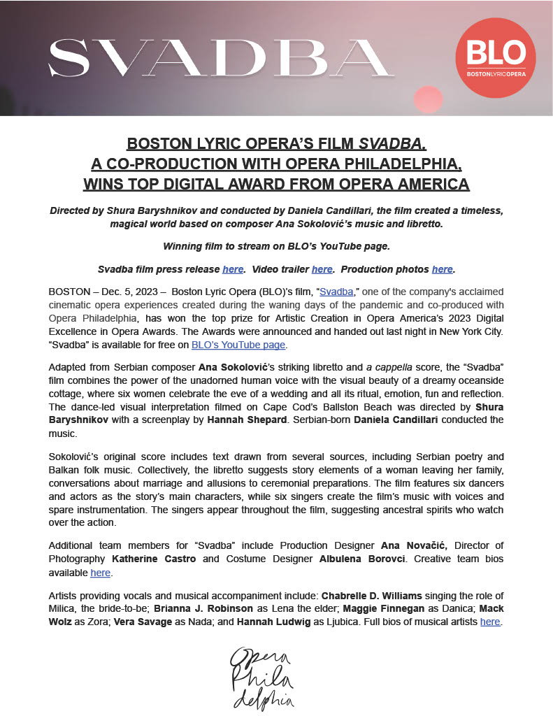 BOSTON LYRIC OPERA’S FILM SVADBA, A CO-PRODUCTION WITH OPERA PHILADELPHIA, WINS TOP DIGITAL AWARD FROM OPERA AMERICA