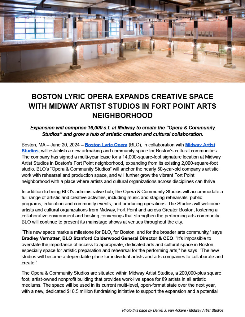 BOSTON LYRIC OPERA EXPANDS CREATIVE SPACE WITH MIDWAY ARTIST STUDIOS IN FORT POINT ARTS NEIGHBORHOOD