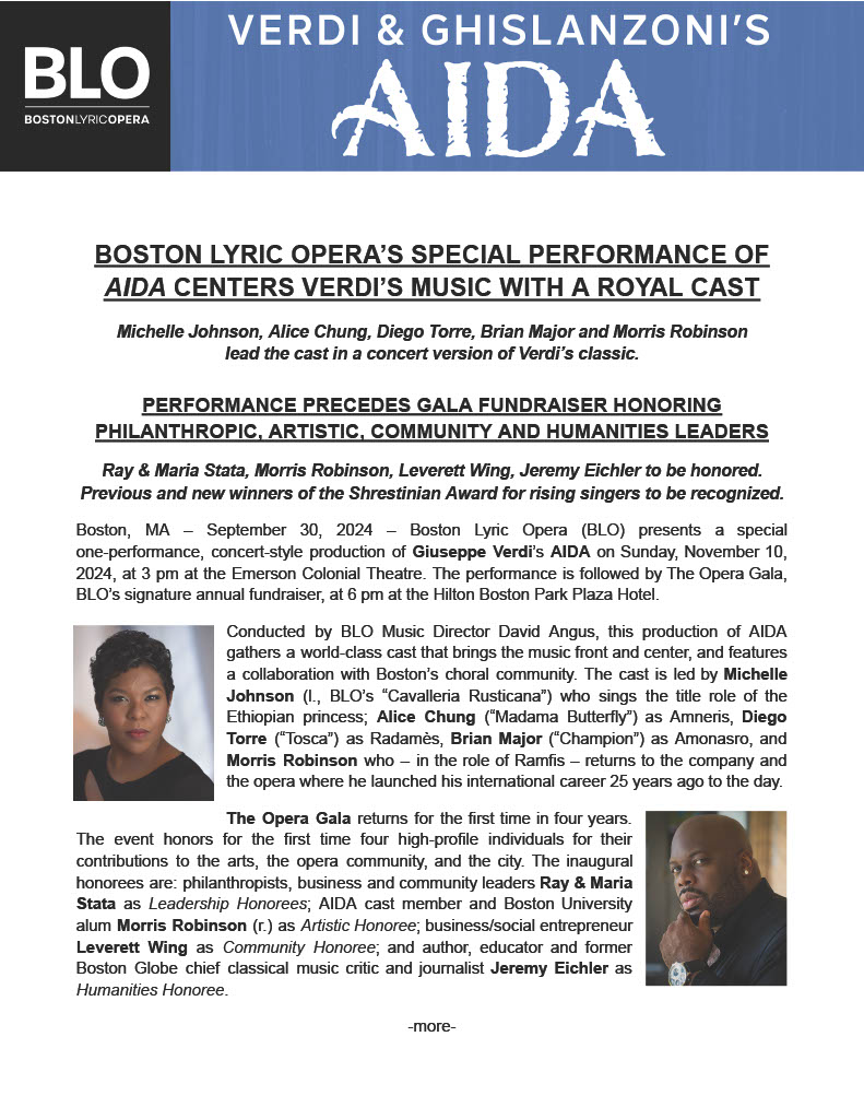 BOSTON LYRIC OPERA’S SPECIAL PERFORMANCE OF AIDA CENTERS VERDI’S MUSIC WITH A ROYAL CAST